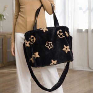 Faux Fur Flower-Print Tote Bag in Black and Beige